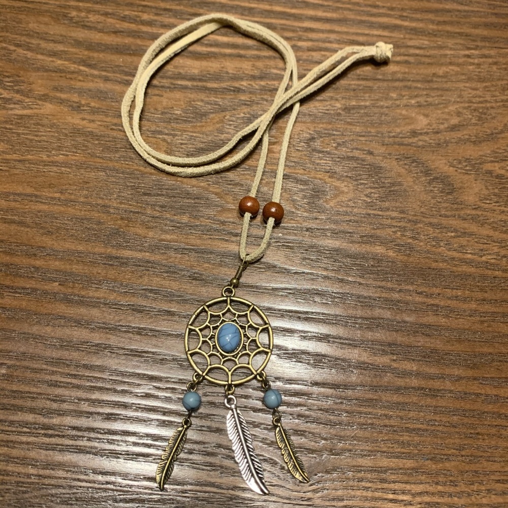 Long Blue Suede Dream Catcher Necklace 24" ONE OF A KIND HANDMADE NWOT